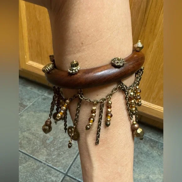 Wooden Bracelet with Gold Accents and Chains - Picture 6 of 13
